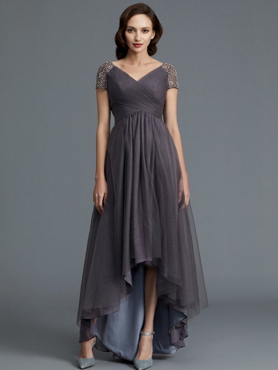 A-Line/Princess V-neck Short Sleeves Asymmetrical Tulle Mother of the Bride Dresses