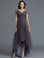 A-Line/Princess V-neck Short Sleeves Asymmetrical Tulle Mother of the Bride Dresses