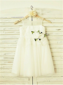 A-line/Princess Straps Sleeveless Hand-made Flower Floor-Length Tulle Flower Girl Dresses