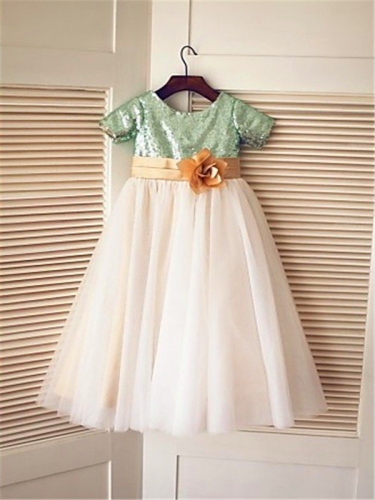 A-line/Princess Short Sleeves Scoop Sequin Tea-Length Tulle Flower Girl Dresses