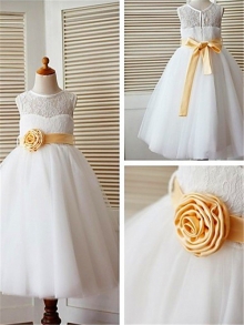 A-line/Princess Tea-Length Scoop Lace Sleeveless Tulle Flower Girl Dresses