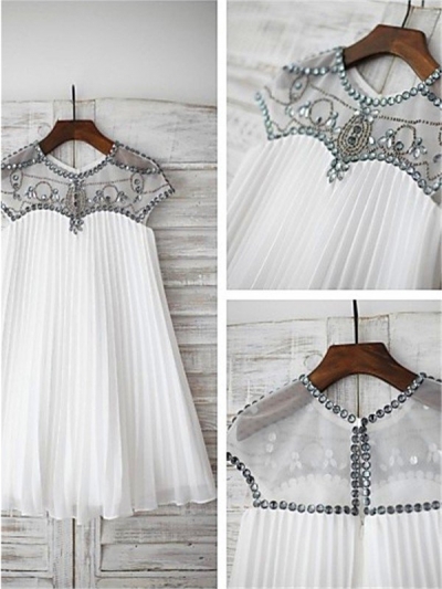 A-line/Princess Scoop Short Sleeves Beading Floor-Length Chiffon Flower Girl Dresses [EL160552]