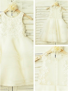 A-line/Princess Scoop Sleeveless Lace Floor-Length Tulle Flower Girl Dresses