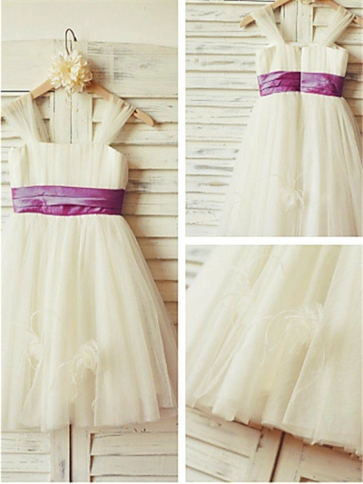 A-line/Princess Straps Sleeveless Ruffles Floor-Length Tulle Flower Girl Dresses