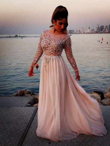 Long Sleeves A-line/Princess Bateau Beading Floor-length Chiffon Dress