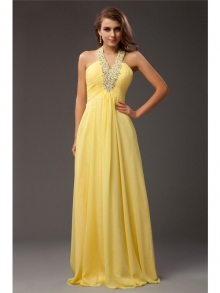 Sheath/Column Halter Beading Sleeveless Long Chiffon Dresses