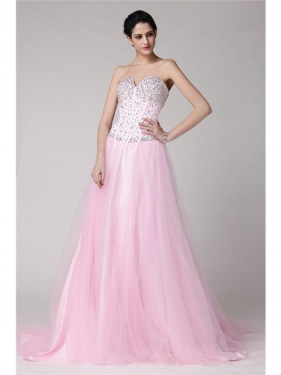 A-Line/Princess Sweetheart Sleeveless Beading Long Elastic Woven Satin Net Dresses