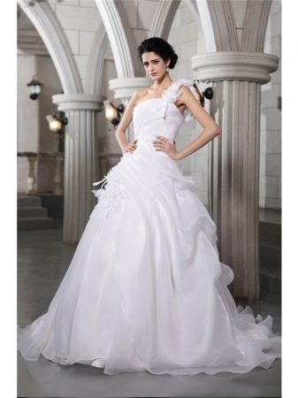 Ball Gown One-Shoulder Sleeveless Pleats Long Organza Wedding Dresses