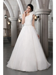 A-Line/Princess One-Shoulder Sleeveless Beading Long Organza Wedding Dresses...