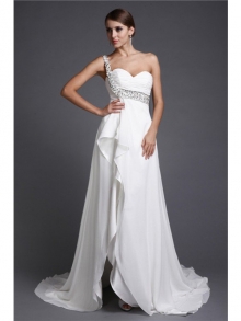 A-Line/Princess One Shoulder Sleeveless Long Beading Chiffon Cocktail Dresses