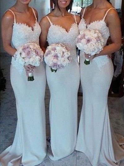 Sheath/Column Sweetheart Sleeveless Satin Lace Sweep/Brush Train Bridesmaid Dresses [PO16033PO579]