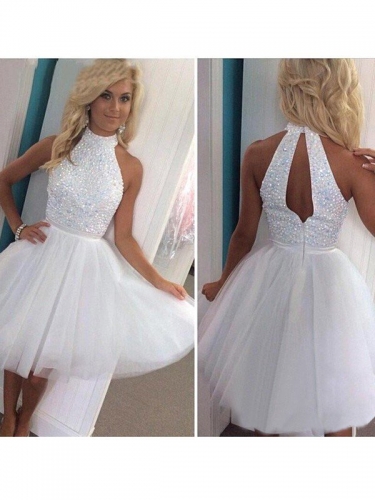 A-Line/Princess Sleeveless Halter Beading Tulle Short/Mini Dresses