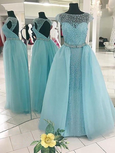 Ball Gown Sleeveless Bateau Beading Floor-Length Tulle Dresses