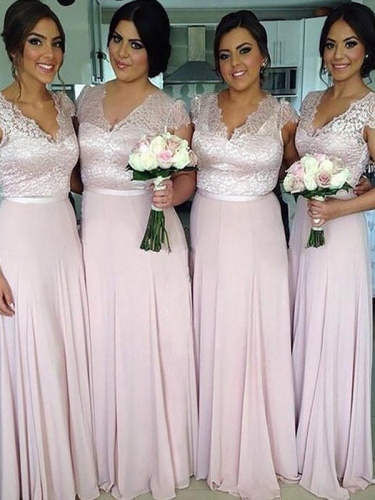 A-Line/Princess V-neck Short Sleeves Floor-Length Chiffon Bridesmaid Dresses