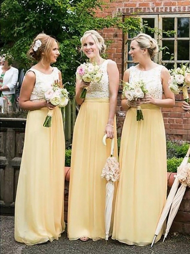 A-Line/Princess Scoop Sleeveless Chiffon Floor-Length Bridesmaid Dresses