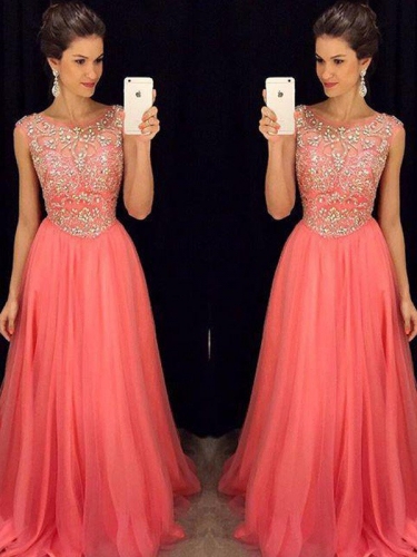 A-Line/Princess Scoop Sleeveless Beading Floor-Length Chiffon Dresses