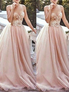 A-Line/Princess Sweetheart Sleeveless Sweep/Brush Train Beading Tulle Dresses