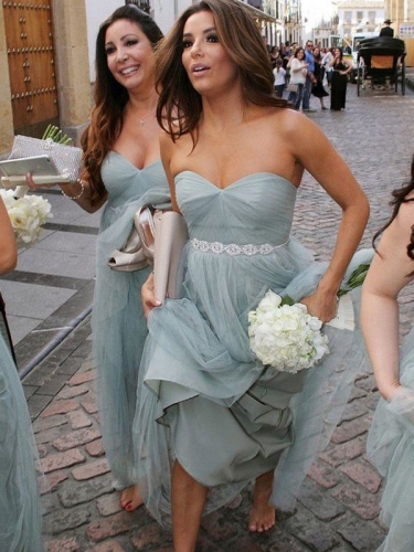 A-Line/Princess Sweetheart Sleeveless Floor-Length Beading Tulle Bridesmaid Dresses