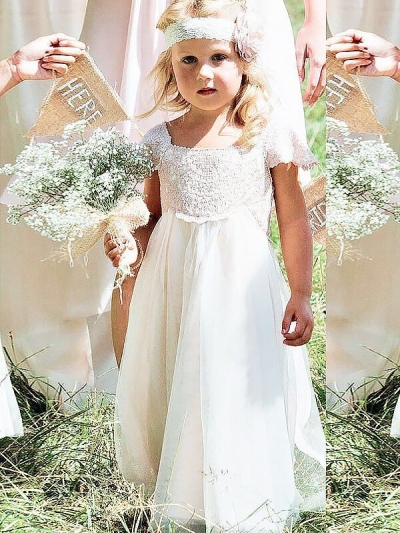 A-line/Princess Square Short Sleeves Lace Floor-Length Chiffon Flower Girl Dresses