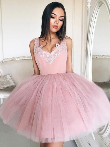 A-Line/Princess V-neck Sleeveless Tulle Short/Mini Dresses