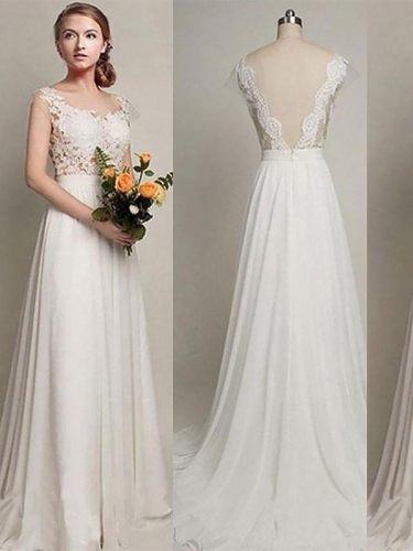 A-Line/Princess Chiffon Scoop Sleeveless Sweep/Brush Train Wedding Dresses