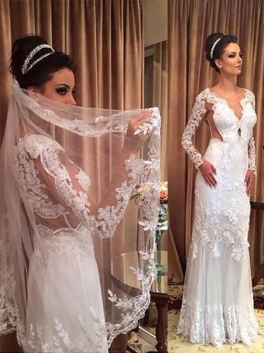 Sheath/Column Tulle Long Sleeves V-neck Sweep/Brush Train Wedding Dresses