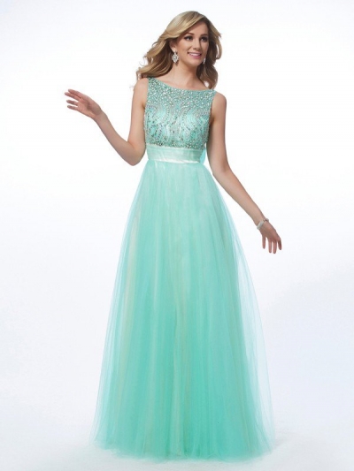 A-Line/Princess Bateau Sleeveless Beading Long Net Dresses [40000]