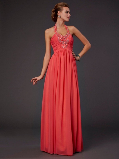A-Line/Princess Halter Sleeveless Hand-Made Flower Long Chiffon Dresses [40071]