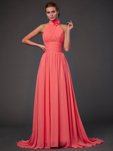 A-Line/Princess Halter Sleeveless Hand-Made Flower Long Chiffon Bridesmaid Dresses