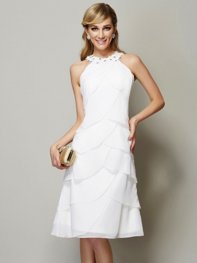 Sheath/Column Bateau Sleeveless Beading Short Chiffon Bridesmaid Dresses [40395]