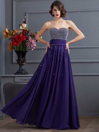 A-Line/Princess Sweetheart Sleeveless Beading Long Chiffon Dresses