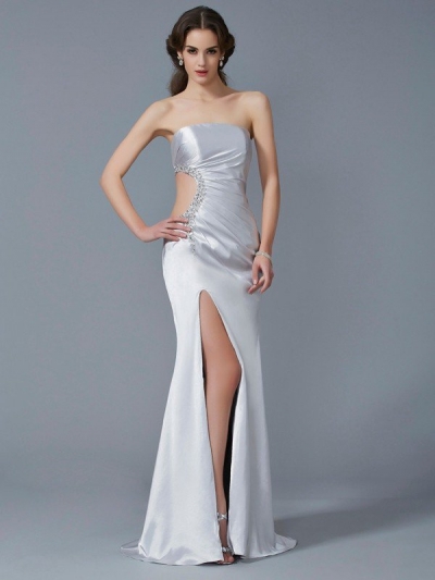 Trumpet/Mermaid Strapless Sleeveless Beading Long Elastic Woven Satin Dresses