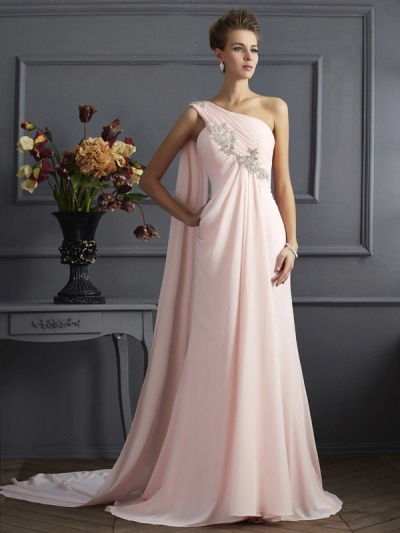 A-Line/Princess One-Shoulder Sleeveless Beading Long Chiffon Dresses [40654]