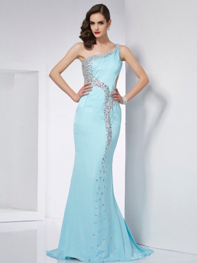 Trumpet/Mermaid One-Shoulder Sleeveless Beading Long Chiffon Dresses