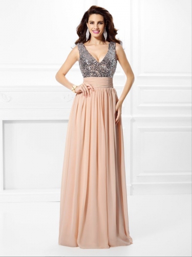 A-Line/Princess V-neck Paillette Sleeveless Long Chiffon Dresses