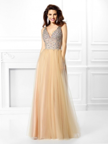 Ball Gown V-neck Beading Sleeveless Long Satin Quinceanera Dresses