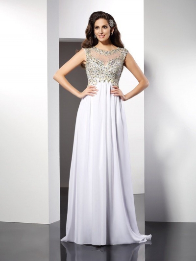 A-Line/Princess Bateau Ruffles Sleeveless Long Chiffon Dresses [50051]