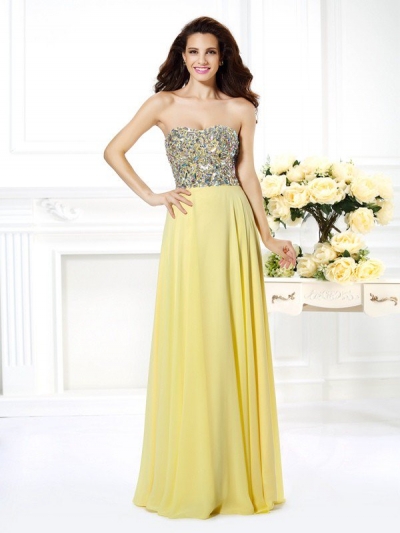 A-Line/Princess Strapless Beading Sleeveless Long Chiffon Dresses