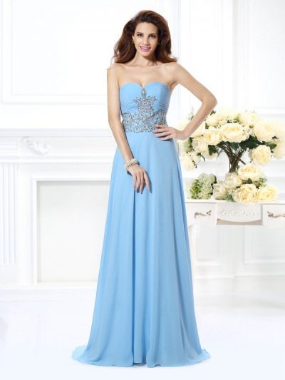 A-Line/Princess Sweetheart Beading Sleeveless Long Chiffon Dresses