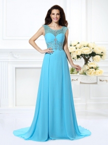 A-Line/Princess Scoop Beading Sleeveless Long Chiffon Dresses