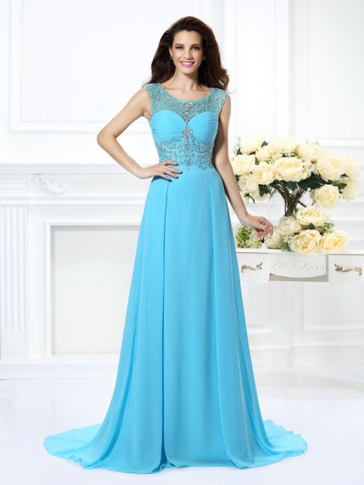 A-Line/Princess Scoop Beading Sleeveless Long Chiffon Dresses [50247]