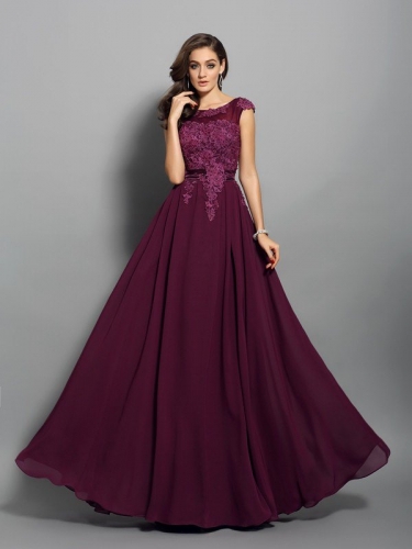 A-Line/Princess Scoop Applique Sleeveless Long Chiffon Dresses