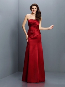 Sheath/Column Strapless Pleats Sleeveless Long Satin Bridesmaid Dresses