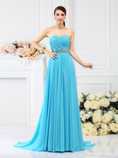 A-Line/Princess Sweetheart Beading Pleats Sleeveless Long Chiffon Bridesmaid Dresses