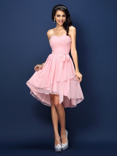 A-Line/Princess Sweetheart Pleats Bowknot Sleeveless Short Chiffon Bridesmaid Dresses