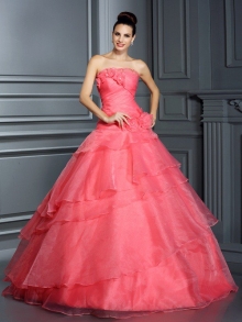 Ball Gown Strapless Hand-Made Flower Sleeveless Long Organza Quinceanera Dresses