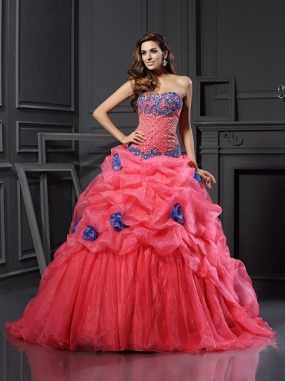 Ball Gown Sweetheart Beading Sleeveless Long Organza Quinceanera Dresses [50724]