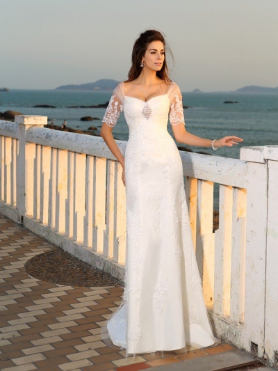 Sheath/Column Sweetheart Applique Short Sleeves Long Satin Beach Wedding Dresses [51024]