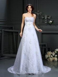 A-Line/Princess Strapless Applique Sleeveless Long Satin Wedding Dresses