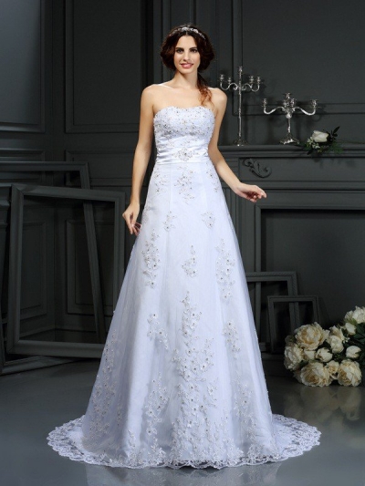 A-Line/Princess Strapless Applique Sleeveless Long Satin Wedding Dresses [51115]